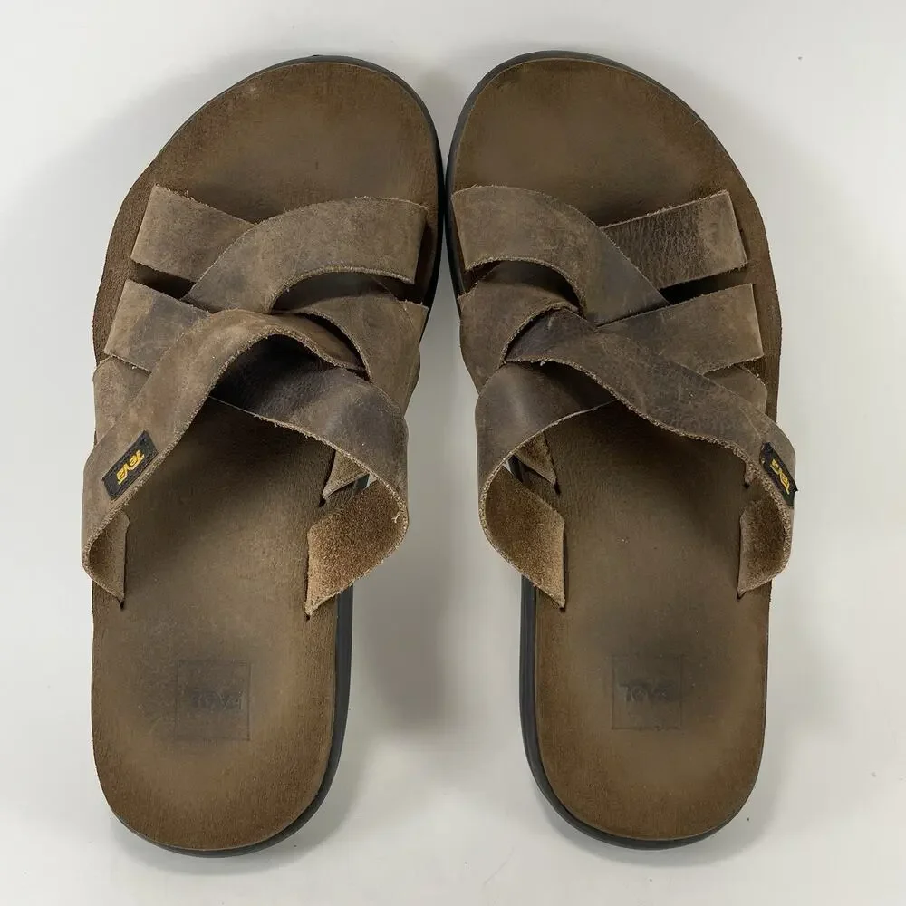 Teva Langdon Slide Mens Size 9 Walnut Brown Leather Crossover Strap Sandals